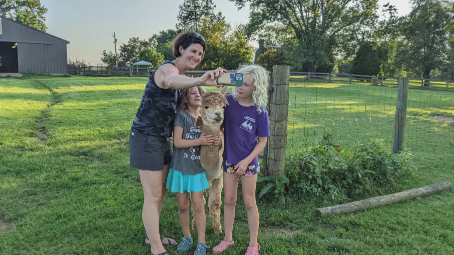 An image of an alpaca named Gypsy taking a selfie with a young family